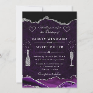 Purple and Silver Glitter Marble Agate Wedding Invitation