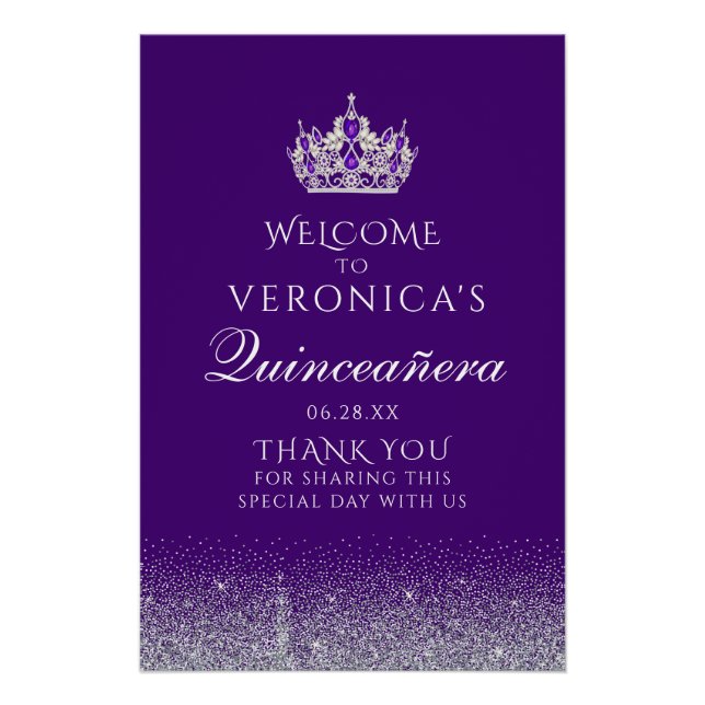 Purple and Silver Glitter Quinceanera Welcome Sign (Front)