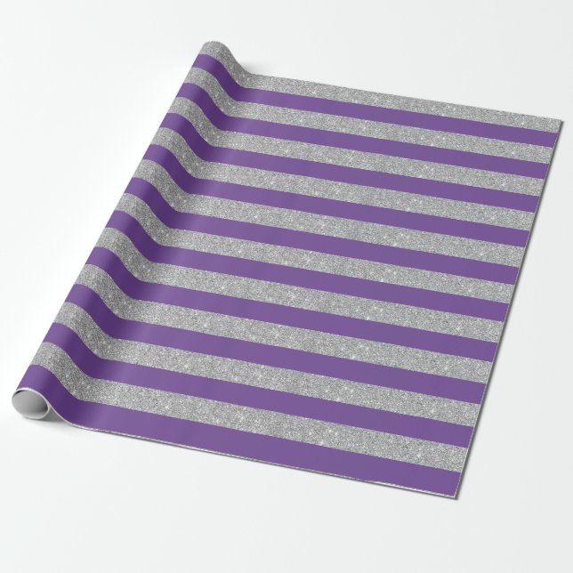Purple and Silver Glitter Stripes Wrapping Paper (Unrolled)
