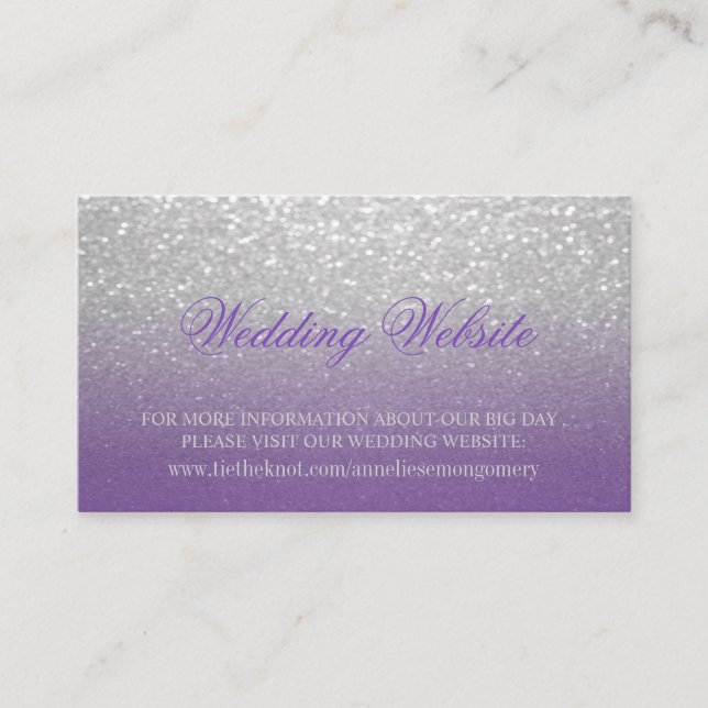 Purple and Silver Glitter Wedding Website Enclosure Card (Front)