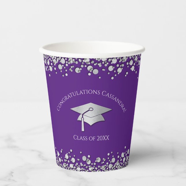Purple and Silver Graduation Paper Cups (Front)