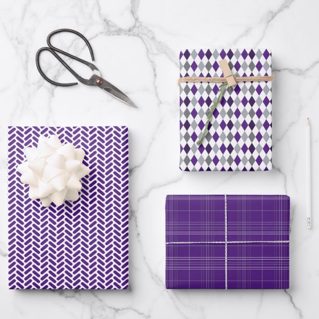 Purple and Silver Grey Mixed Patterns Wrapping Paper Sheet (Front)