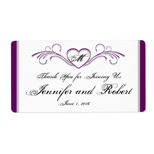 Purple and Silver Heart Monogram Water Bottle Shipping Label