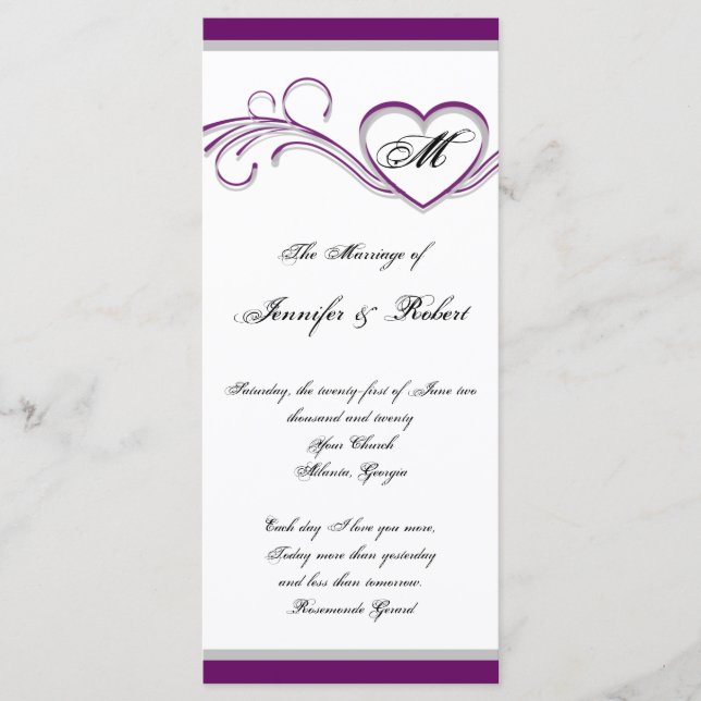 Purple and Silver Heart Monogram Wedding Program Programme (Front)
