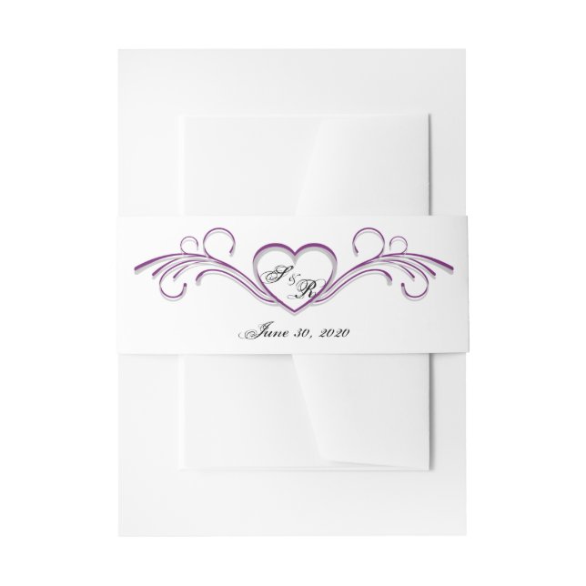 Purple and Silver Heart Scroll Monogram Invitation Belly Band (Front Example)