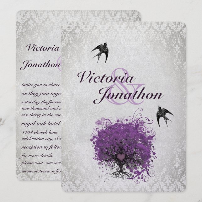 Purple and Silver Heart Tree Wedding Invitation (Front/Back)