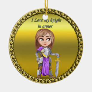 Purple and silver knight in her armour and sword ceramic tree decoration