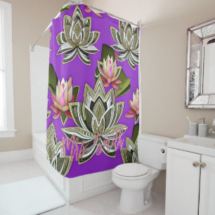 Purple and Silver Lotus Print, Custom Name Shower Curtain