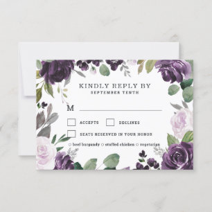 Purple and Silver Meal Choice Floral Rose Wedding RSVP Card