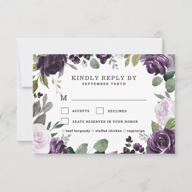 Purple and Silver Meal Choice Floral Rose Wedding RSVP Card (Front)