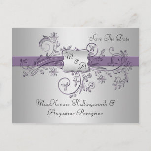 Purple and Silver Monogram Floral Swirls Save The Announcement Postcard