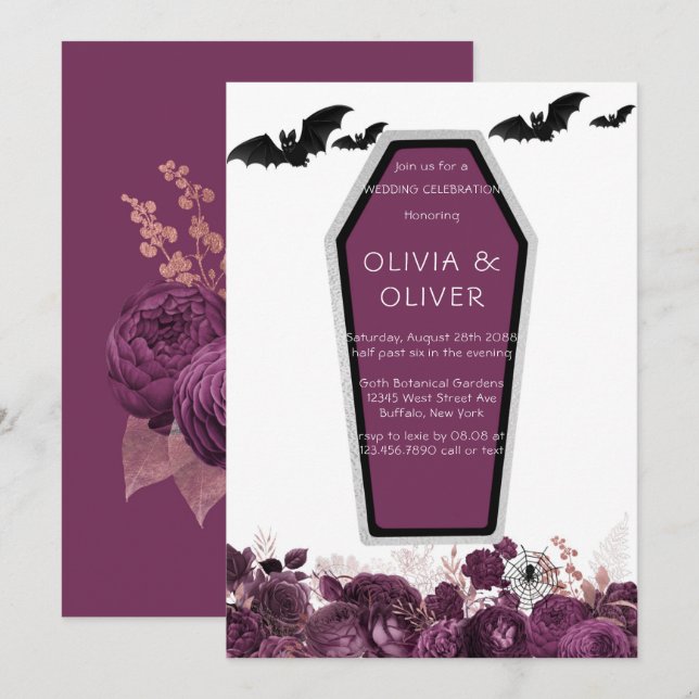  Purple and Silver Peony Coffin Bats Wedding Invit Invitation (Front/Back)