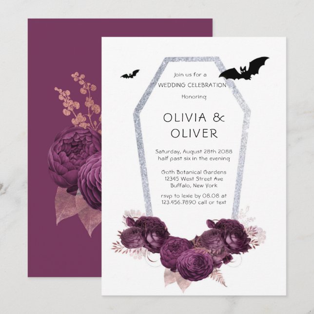  Purple and Silver Peony Coffin Bats Wedding Invitation (Front/Back)