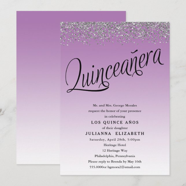 Purple and Silver Quinceanera 15th Birthday Invitation (Front/Back)