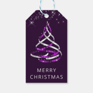 Purple and Silver Ribbon & Glitter Christmas Tree  Gift Tags