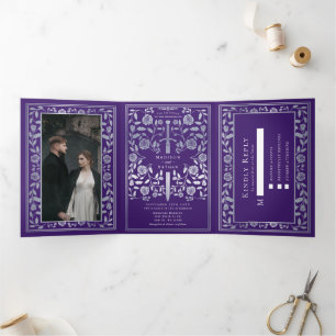 Purple and Silver Royal Mediaeval Sword Wedding Tri-Fold Invitation