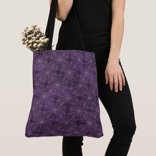 Purple and Silver Spiderweb Gothic Pattern Tote Bag (Close Up)