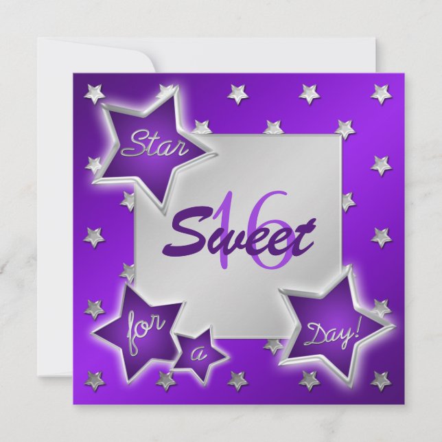 Purple and Silver Stars Sweet 16 Invitation (Front)