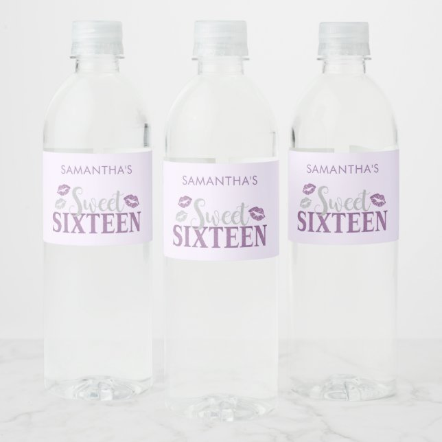 Purple and Silver Sweet Sixteen Birthday Water Bottle Label (Bottles)
