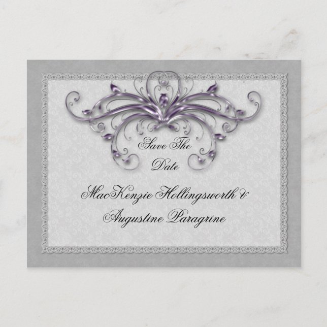 Purple and Silver Swirls Save The Date Announcement Postcard (Front)
