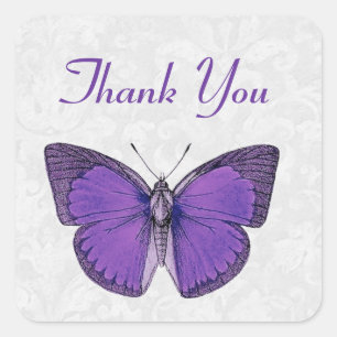 Purple and Silver Vintage Butterfly Thank You V09 Square Sticker