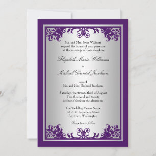 Purple and Silver Vintage Flourish Scroll Wedding Invitation