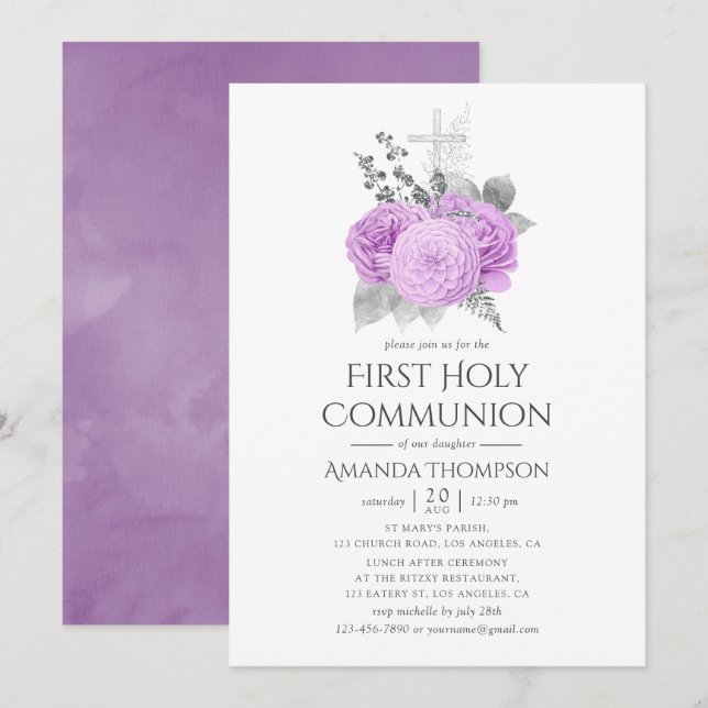 Purple and Silver Vintage Rose Holy Communion Invitation (Front/Back)