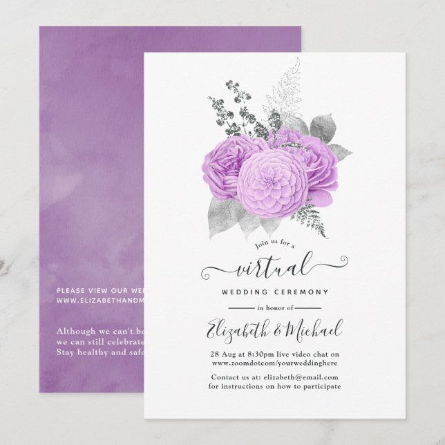 Purple and Silver Vintage Rose Virtual Wedding Invitation (Front/Back)
