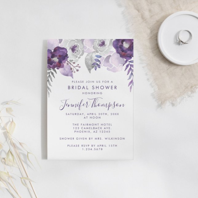 Purple and Silver Watercolor Floral Bridal Shower Invitation (Creator Uploaded)