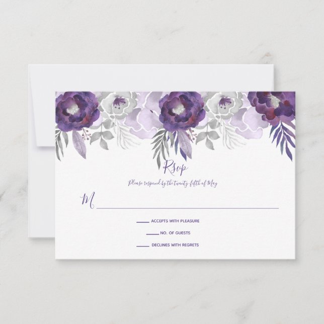 Purple and Silver Watercolor Floral RSVP Card (Front)