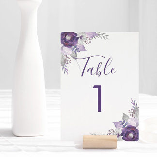 Purple and Silver Watercolor Floral Table Number