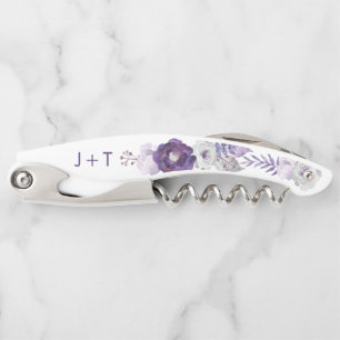 Purple and Silver Watercolor Floral Wedding Corkscrew