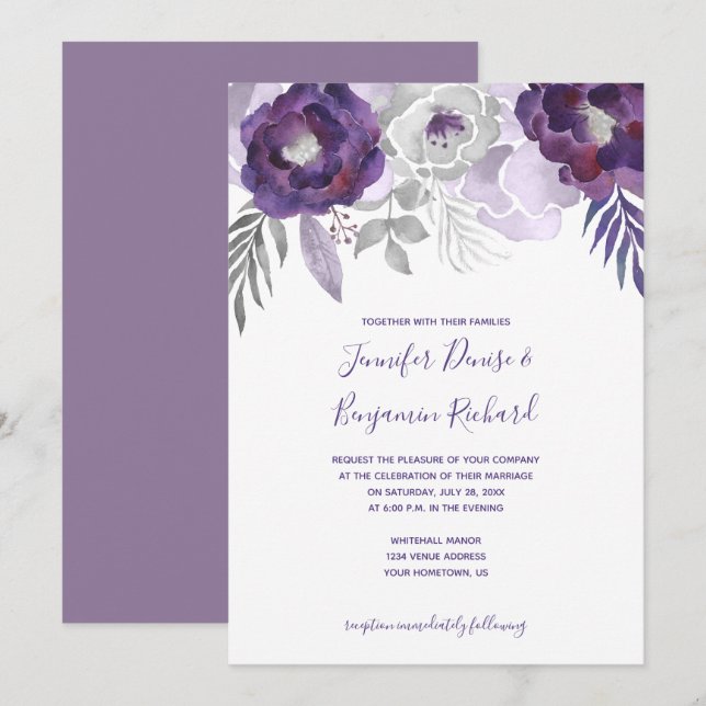 Purple and Silver Watercolor Floral Wedding Invitation (Front/Back)