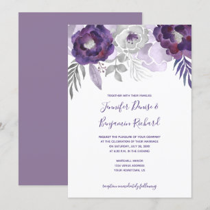 Purple and Silver Watercolor Floral Wedding Invitation
