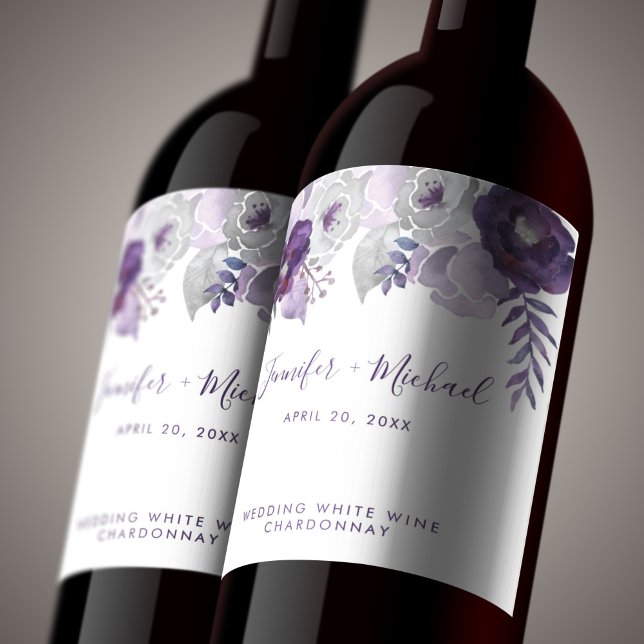 Purple and Silver Watercolor Floral Wedding Wine Label (Purple and Silver Watercolor Floral Wedding Wine Label)
