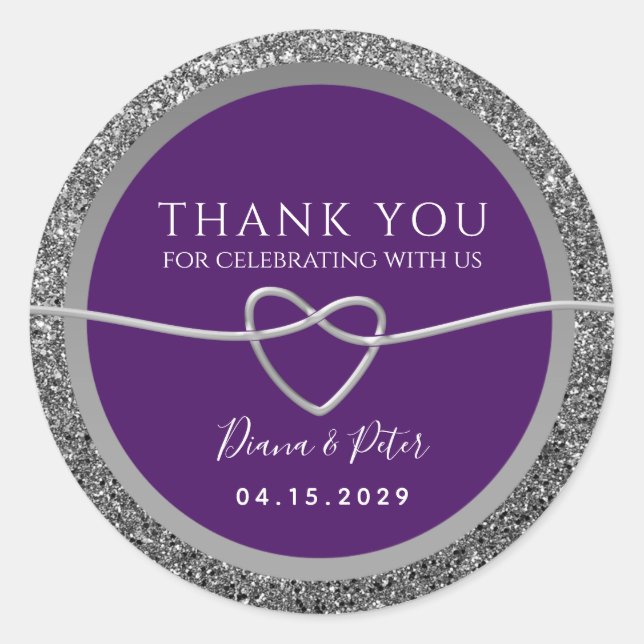 Purple and Silver Wedding Thank You Favour Classic Round Sticker (Front)