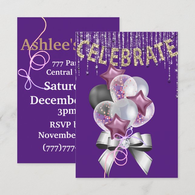 Purple and Silver  with Balloons girl Party Invitation (Front/Back)