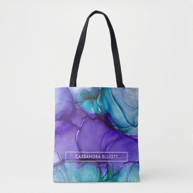 Purple and Teal Alcohol Ink Liquid Abstract Art Tote Bag (Front)