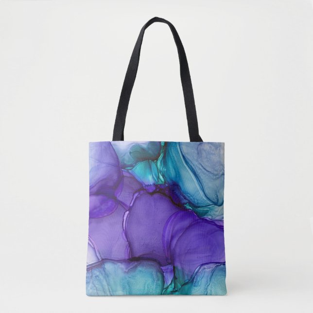 Purple and Teal Alcohol Ink Liquid Abstract Art Tote Bag (Front)