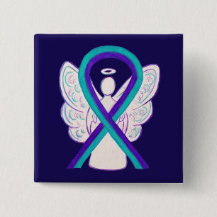 Purple and Teal Awareness Ribbon Angel Button Pin
