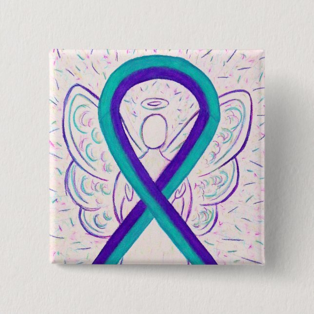 Purple and Teal Awareness Ribbon Angel Button Pin (Front)