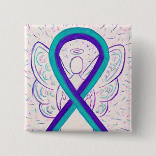 Purple and Teal Awareness Ribbon Angel Button Pin