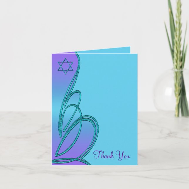 Purple and Teal Blue Bat Mitzvah Thank You Card (Front)