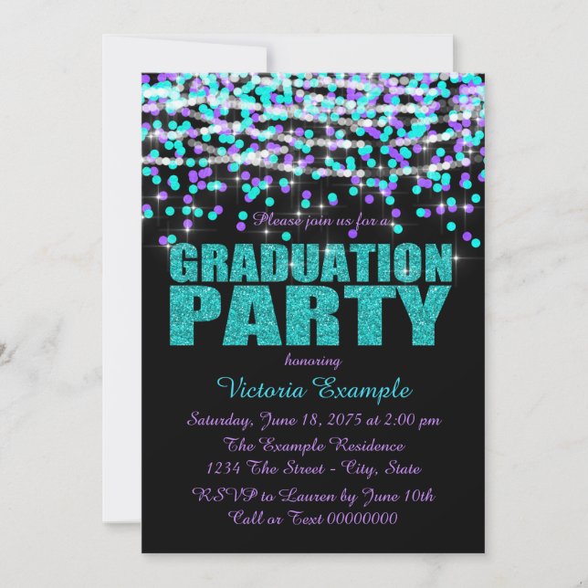 Purple and Teal Blue Confetti Graduation Party Invitation (Front)
