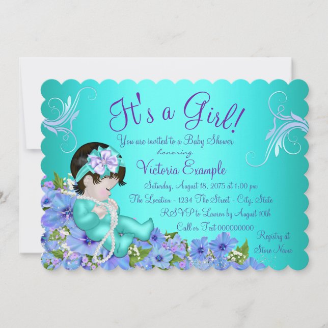 Purple and Teal Blue Floral Baby Shower Invitation (Front)