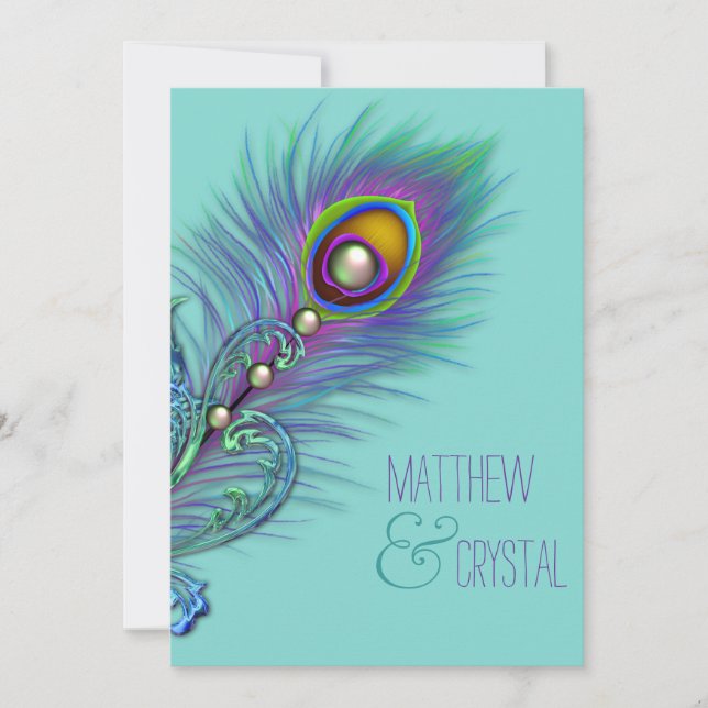 Purple and Teal Blue Peacock Wedding Invitation (Front)