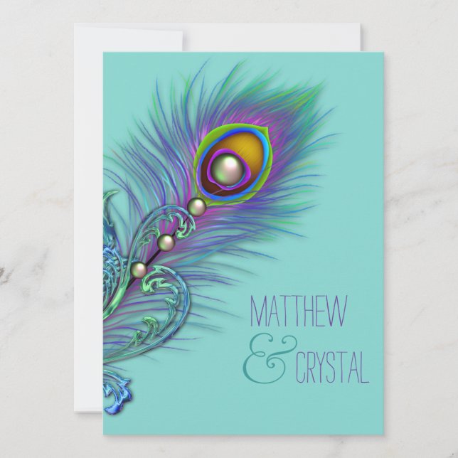 Purple and Teal Blue Peacock Wedding Invitation (Front)