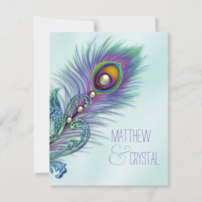 Purple and Teal Blue Peacock Wedding Invitation (Front)