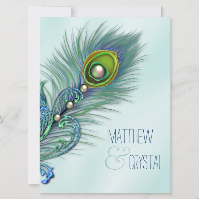 Purple and Teal Blue Peacock Wedding Invitation (Front)