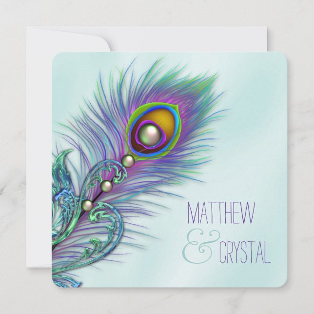 Purple and Teal Blue Peacock Wedding Invitation (Front)